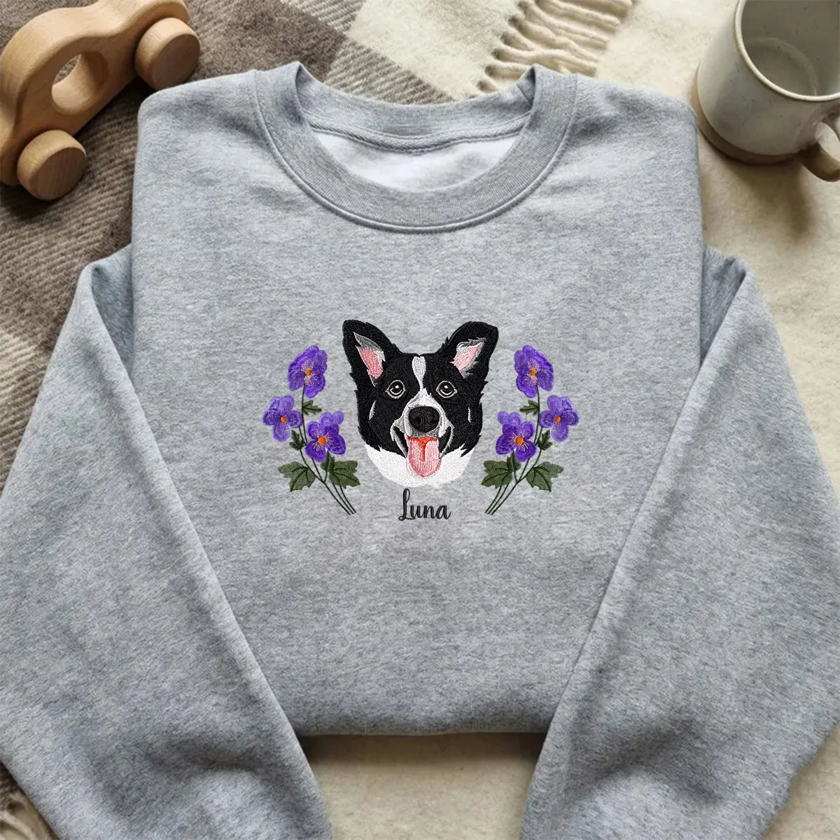 Custom Pet Portrait Embroidered Sweatshirt with Birth Flower Frame