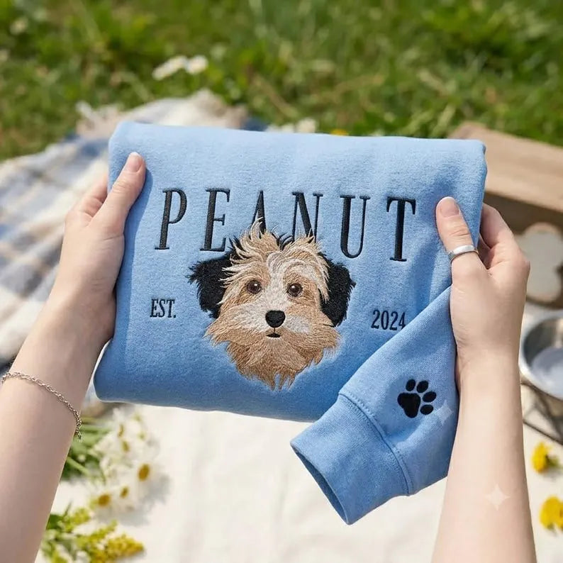 Custom Embroidered Dog Portrait Sweatshirt, Personalized Pet Photo Name Embroidered Crewneck