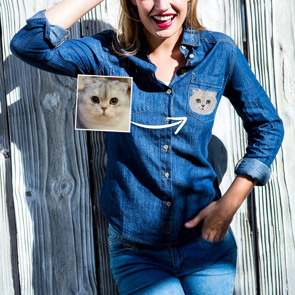 Embroidered Pet Portrait Denim Shirt For Woman, Custom Pet Photo Denim Shirt 