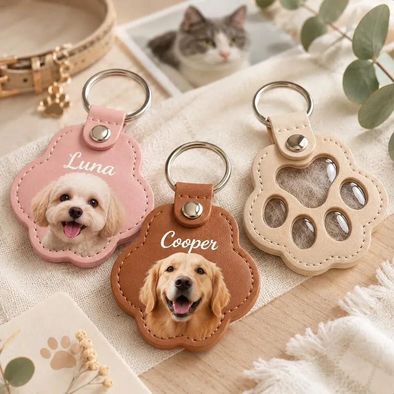 Personalized Pet Fur Keepsake Keychain, Custom Dog Cat Hair Holder, Paw Print Photo Charm, Pet Loss Gift