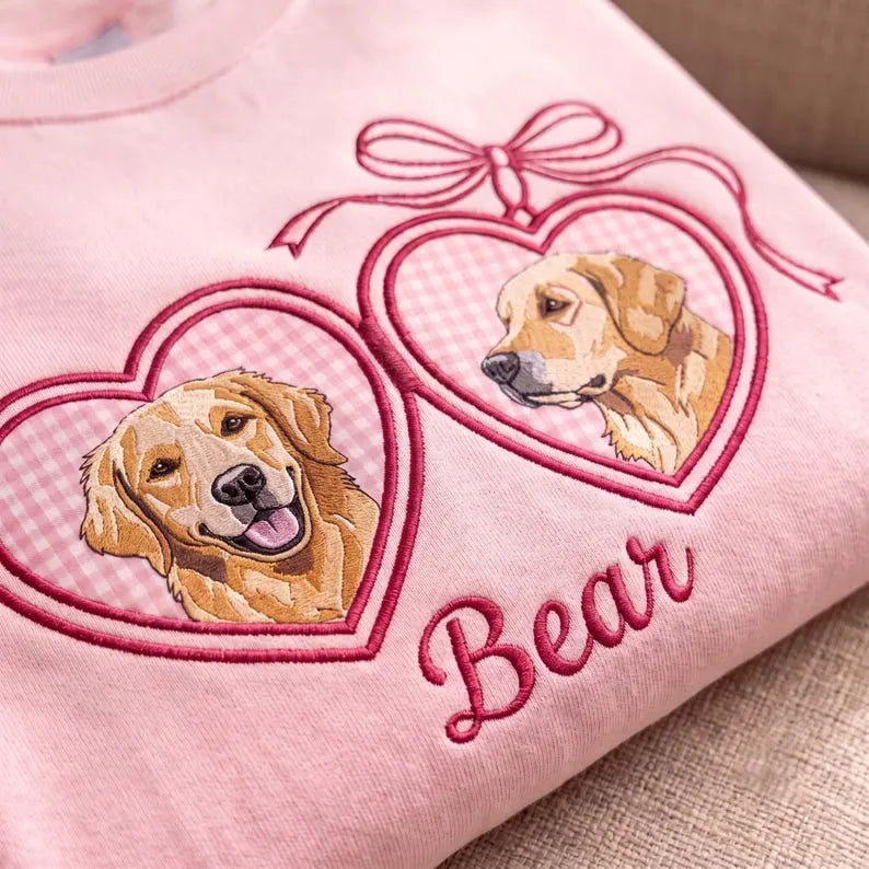 Custom Pet Portrait Embroidered Sweatshirt with Locket Heart Coquette Bow Design