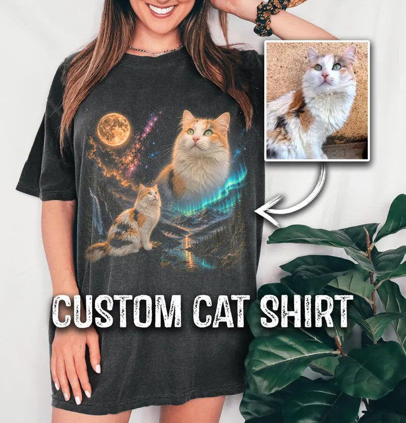 Custom Pet Howling to the Moon Tee — Aurora Night Sky Design