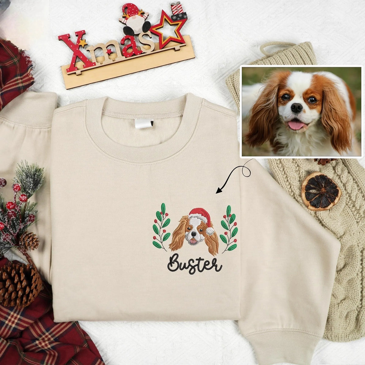 Custom Dog Portrait Embroidered Christmas Shirt, Personalized Pet Face and Pet Name Sweatshirt- Colorful Design
