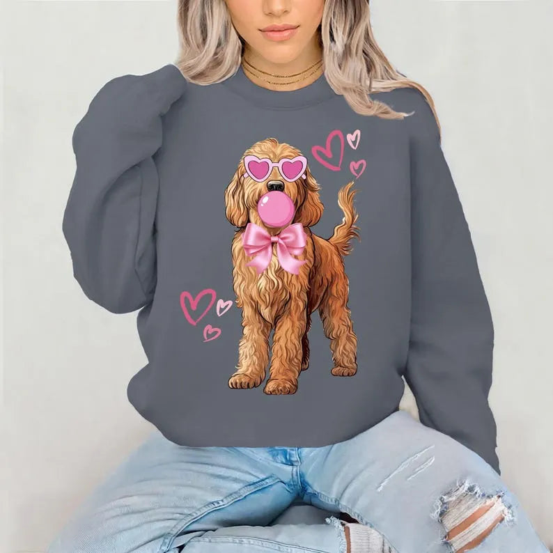 Custom Pet Photo Sweatshirt - Personalized Dog Illustration with Bubble Gum & Pink Bow