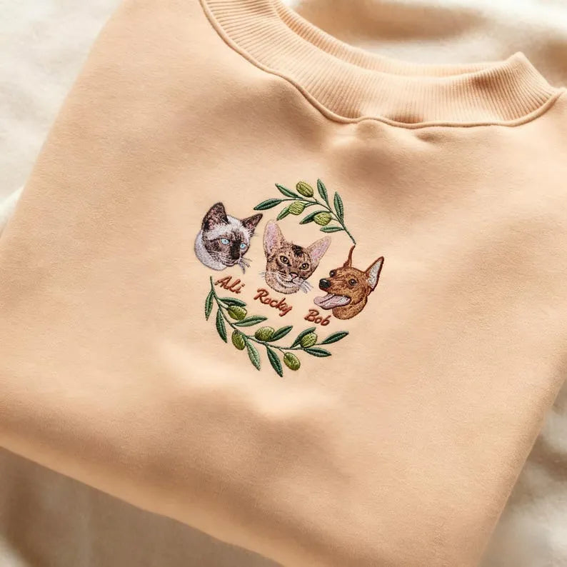 Custom Embroidered Pet Portrait Sweatshirt Hoodie T-shirt with Wreath Embroidery- Colorful Design