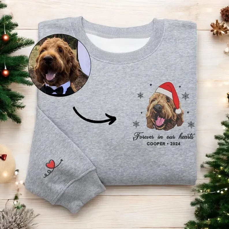 Custom Pet Embroidered Sweatshirt – Personalized Dog Portrait for Christmas or Memorial