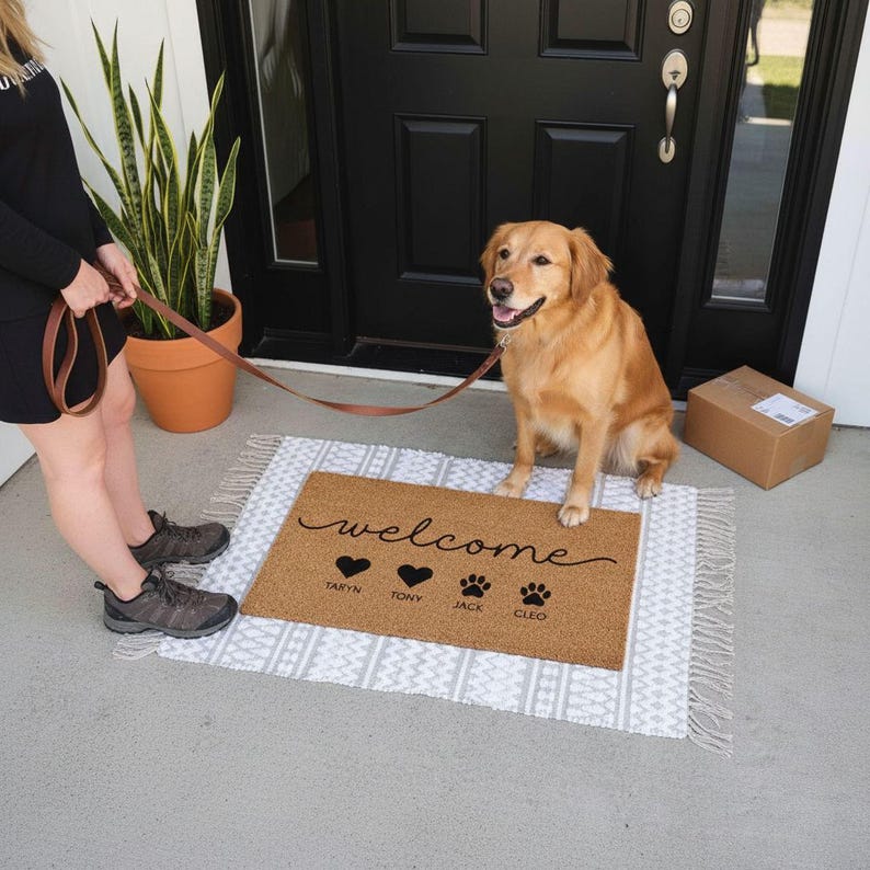 Custom Family Name Dog Door Mat, Natural Coir Fiber