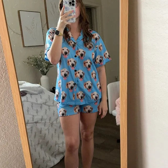 Custom Cat Dog Faces Women Men Short Sleeve Pajama Set