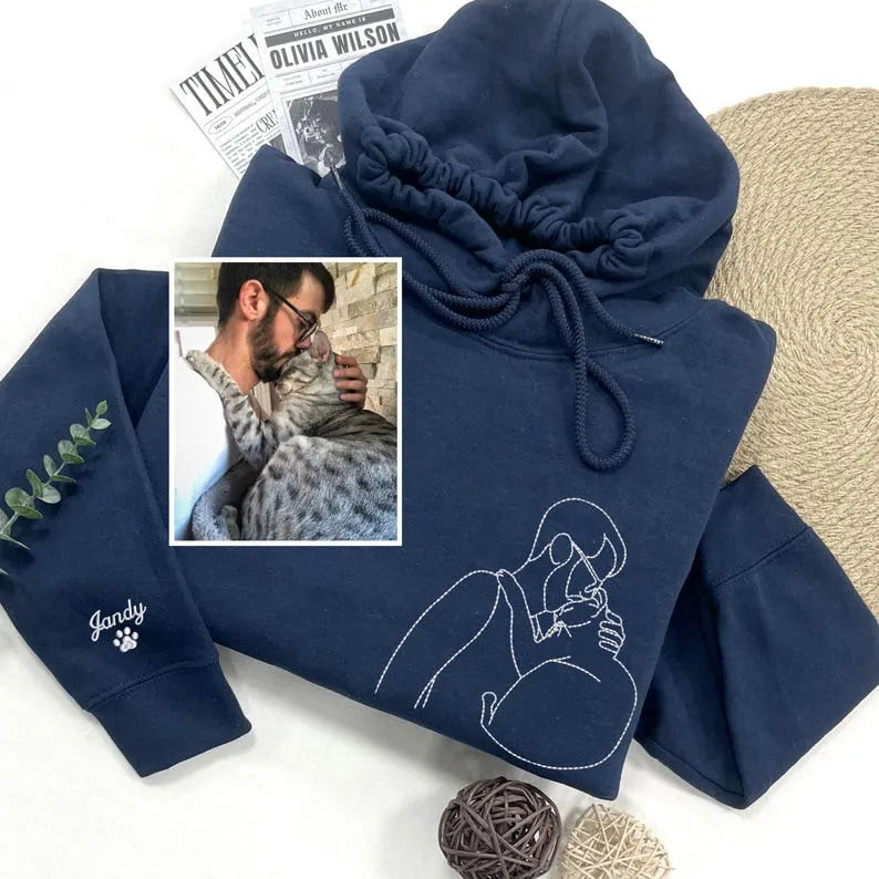Custom Embroidered Pet and Owner Portrait Sweatshirt From Your Photo, Pet Outline T-shirt- Stylish Outline Style