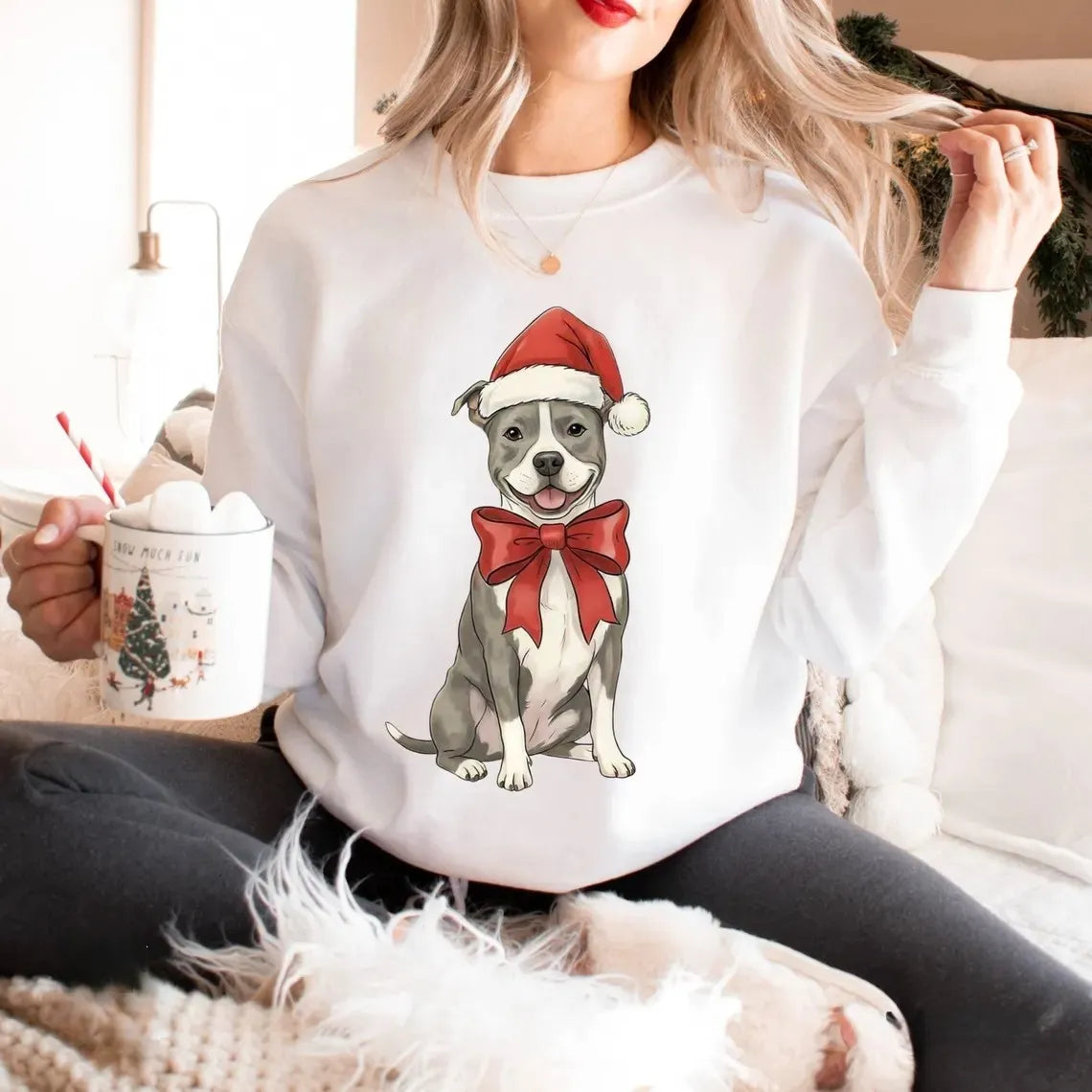 Custom Dog & Cat Sweatshirt with Santa Hat and Red Bow, Christmas Dog Crewneck