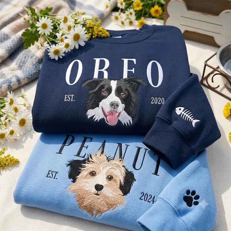 Custom Embroidered Dog Portrait Sweatshirt, Personalized Pet Photo Name Embroidered Crewneck