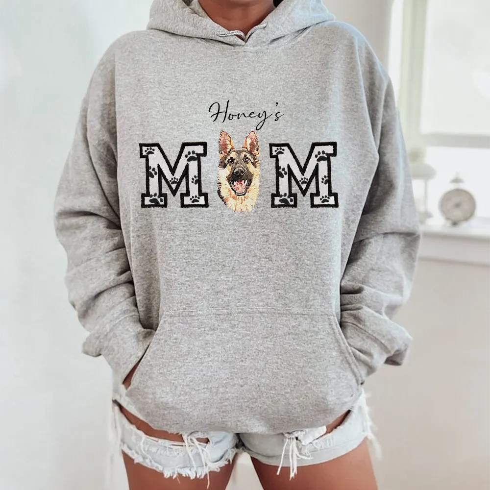 Custom Pet Portrait Embroidered Sweatshirt Dog Mom/Dog Dad Hoodie with Pet Name- Varsity Colorful Design