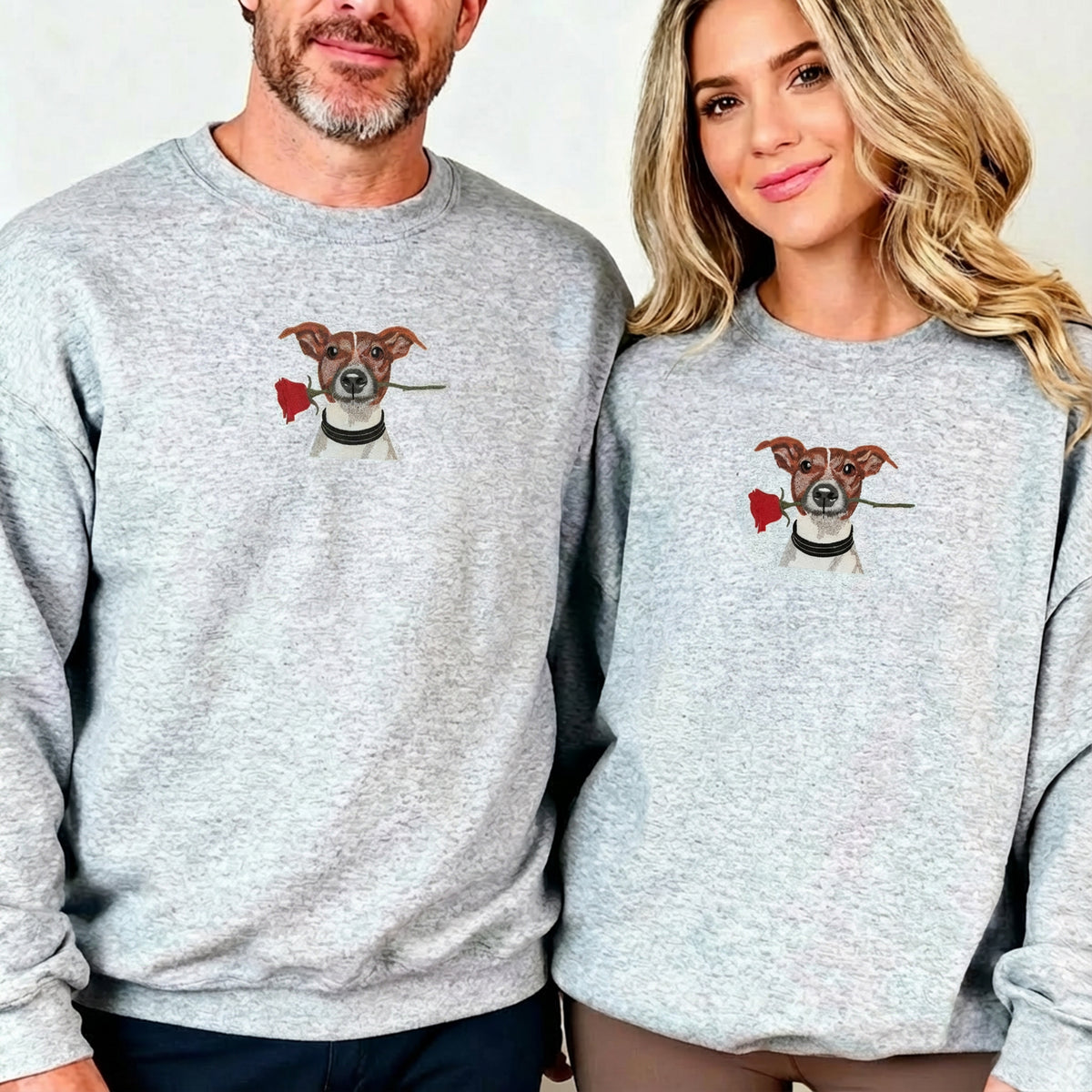 PetFiestas® Custom Pet Portrait & Rose Embroidered Sweatshirt, Hoodie, T-shirt, Valentine's Day Gift- Colorful Design