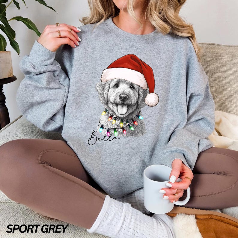 Custom Santa Hat Christmas Dog Shirt with Christmas Lights Design, Custom Graphic Tee