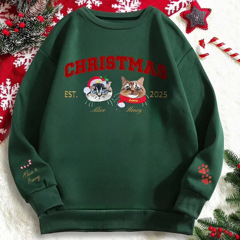 Custom Merry Christmas Embroidered Pet Portrait Sweatshirt with Glitter Side Bow Design- Varsity Colorful Design