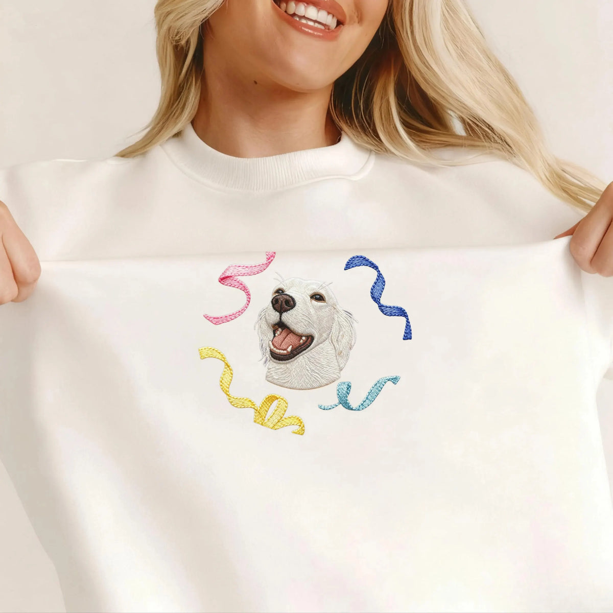 Custom Christmas Pet Portrait Embroidered Sweatshirt with Christmas Ribbons Wreath Design- Colorful Design
