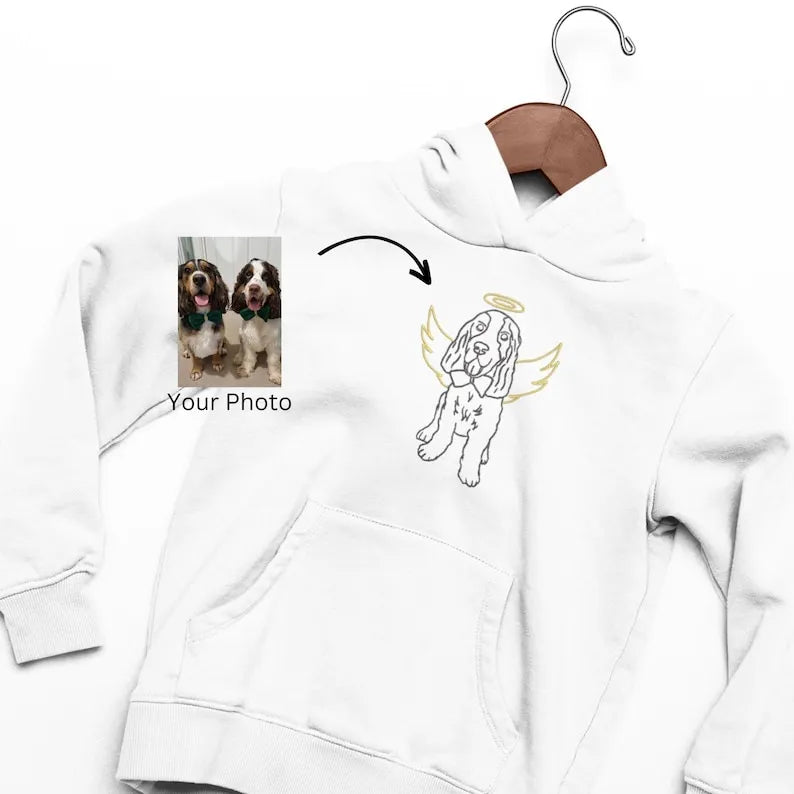 Custom Angel Embroidered Pet Portrait Line Art Hoodie Sweatshirt T-shirt, Dog Loss Memorial Gift- Stylish Outline Style