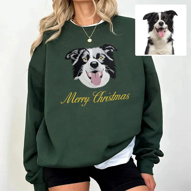 Custom Christmas Pet Embroidered Sweatshirt, Custom Pet Face Hoodie Sweatshirt T-shirt- Colorful Design