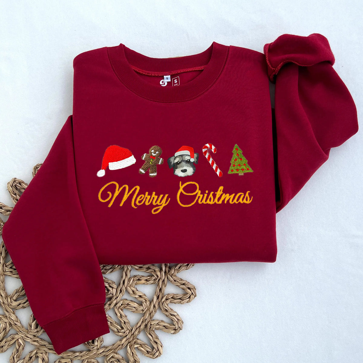 PetFiestas® Custom Pet Dog Embroidered Christmas Sweatshirt, Merry Christmas Gingerbread Snowman Crewneck- Colorful Desi