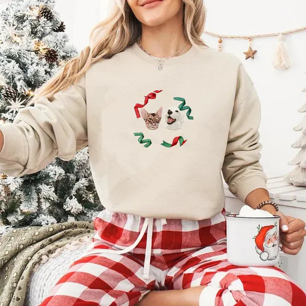 Custom Christmas Pet Portrait Embroidered Sweatshirt with Christmas Ribbons Wreath Design- Colorful Design