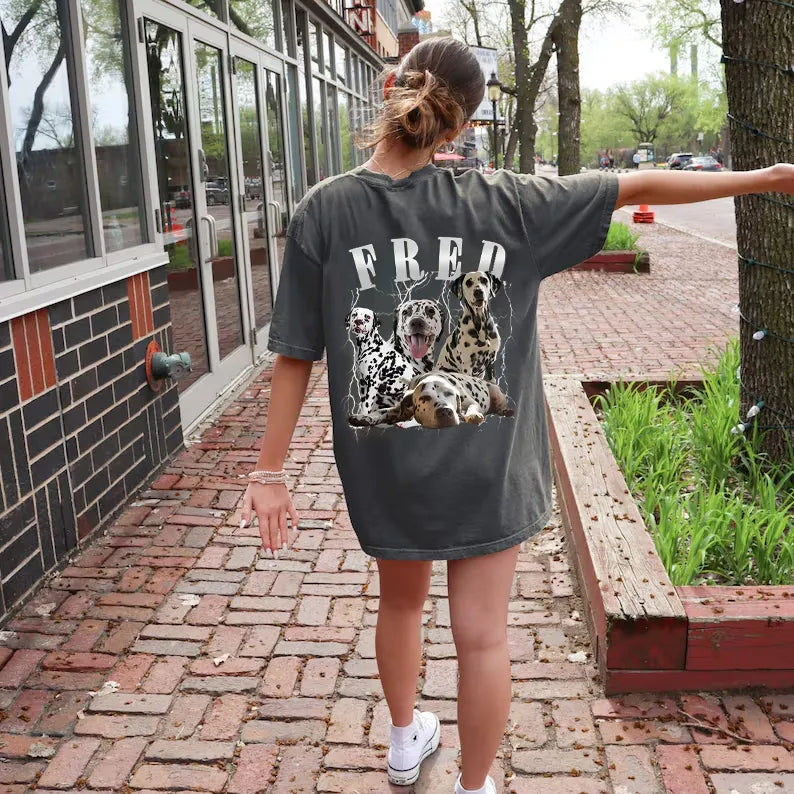 Custom Vintage Pet Photo Printed On Backside Of Pepper Color T-Shirt