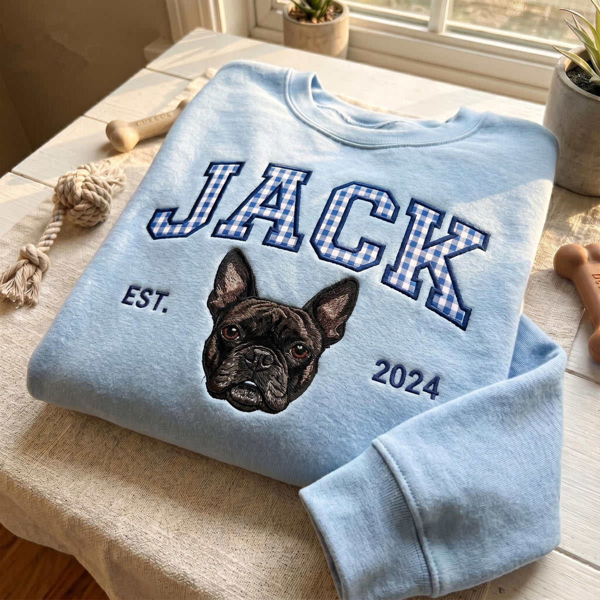 Custom Pet Portrait Embroidered Sweatshirt with Gingham Appliqué Name, Varsity Style