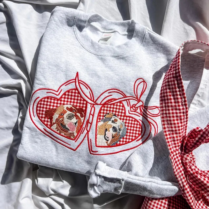 Custom Pet Portrait Embroidered Sweatshirt With Locket Frame, Personalized Pet Photo Heart Coquette Bow Crewneck
