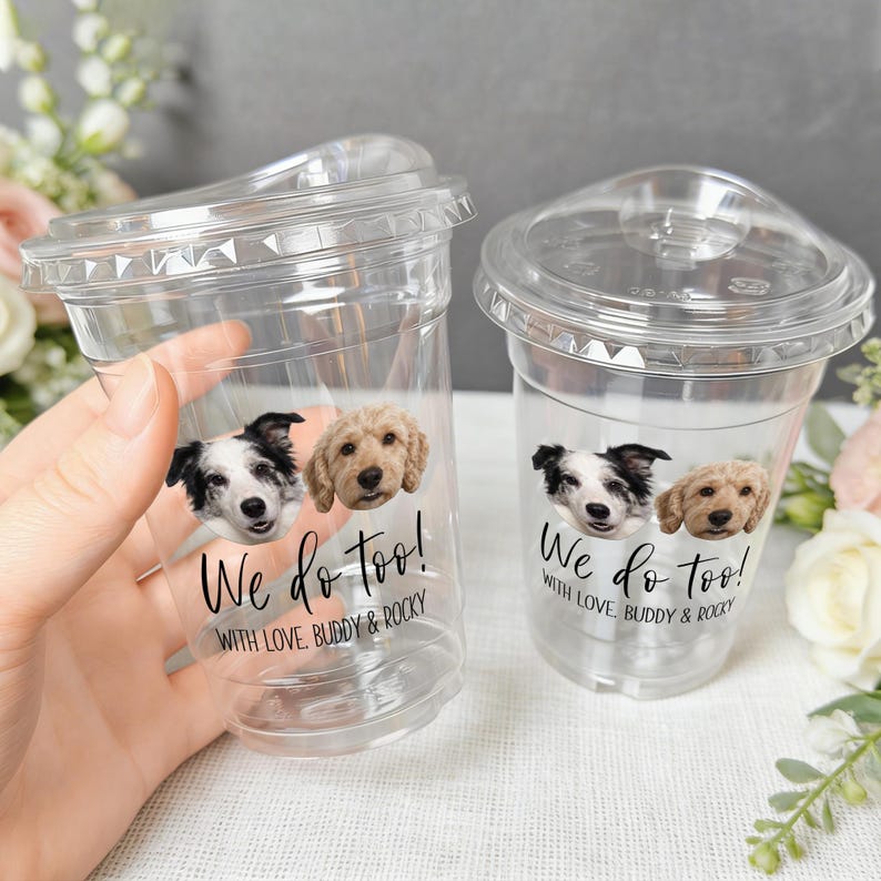 Custom Pet Wedding Plastic Cups, Personalized Dog Portrait Wedding Cup Favor