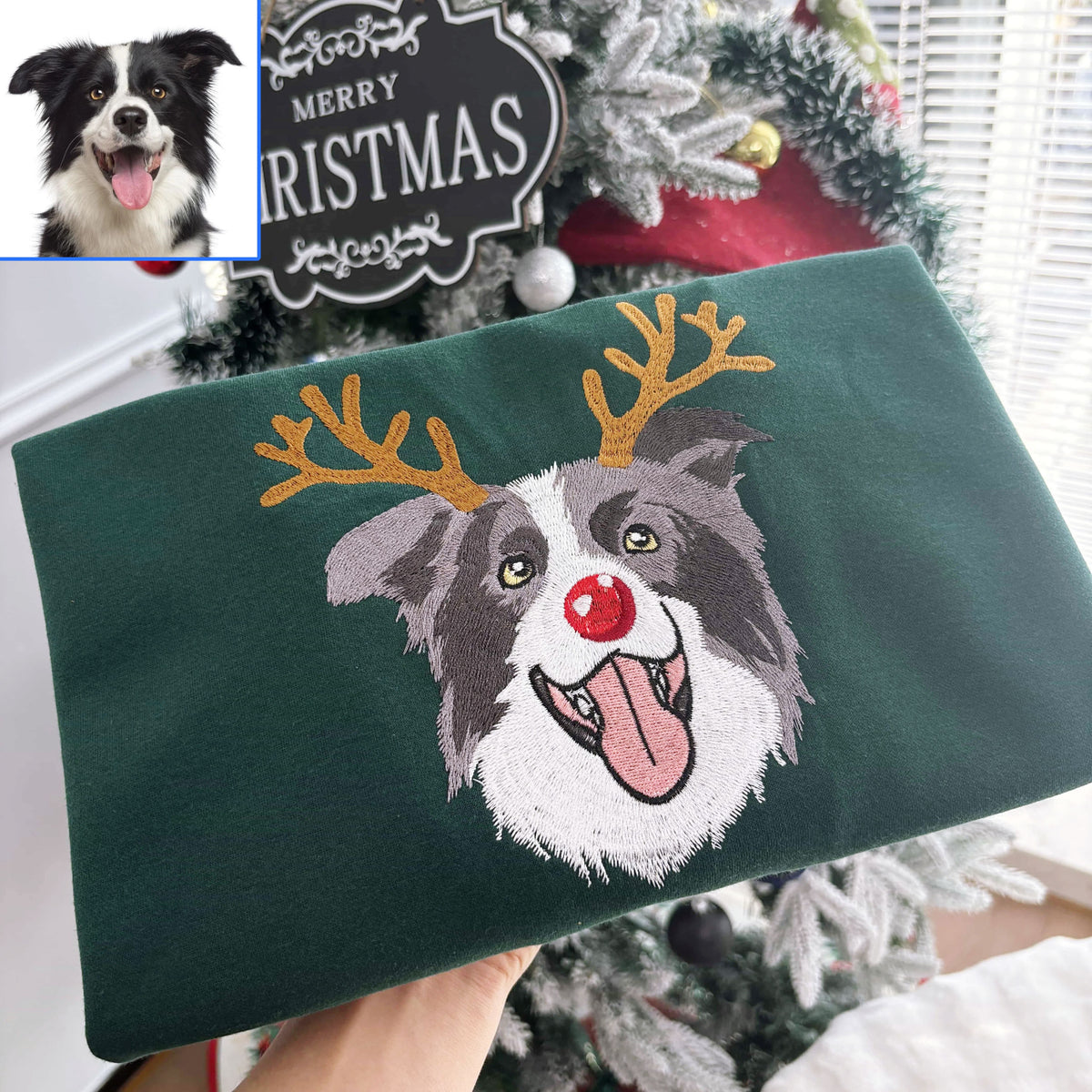 PetFiestas® Custom Dog Embroidered Christmas Sweatshirt with Funny Reindeer Design