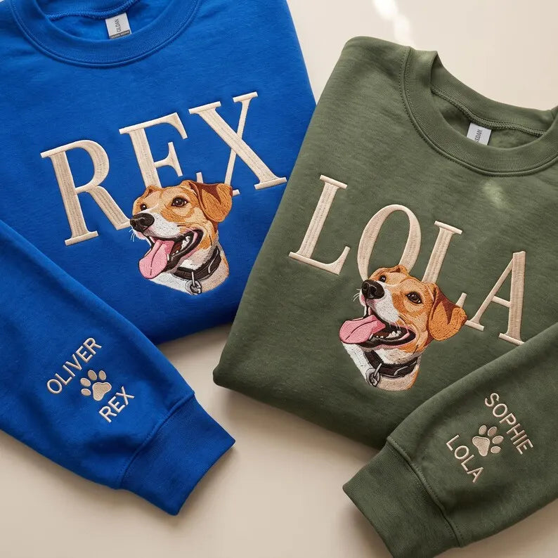 Custom Embroidered Dog Portrait Sweatshirt, Personalized Pet Photo Name Embroidered Crewneck