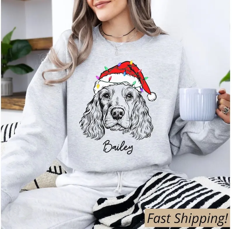 Custom Santa Paws Christmas Dog Sweatshirt - Personalized Dog Festive Santa Hat Graphic Crewneck