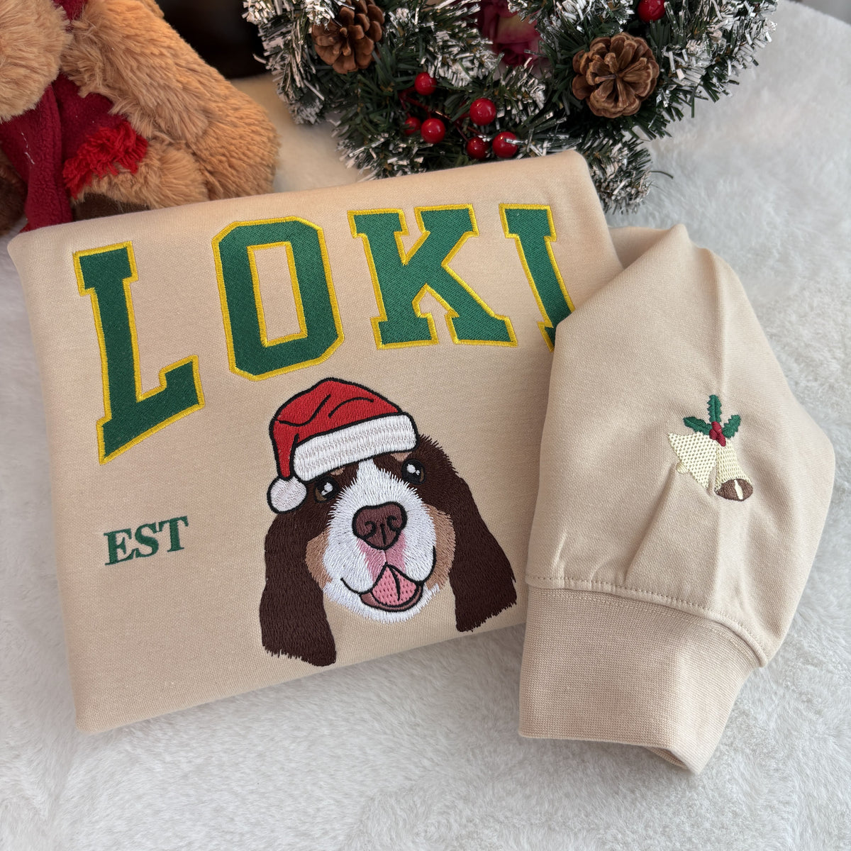 PetFiestas® Varsity Style Embroidered Pet Christmas Sweatshirt - Dog Face with Santa Hat Crewneck- Varsity Colorful Desi