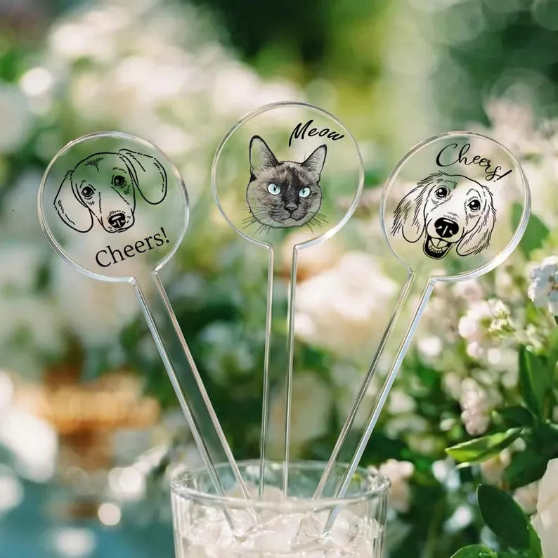Custom Pet Drink Stirrers, Wedding Cocktail Stirrers with Dog & Cat Portraits