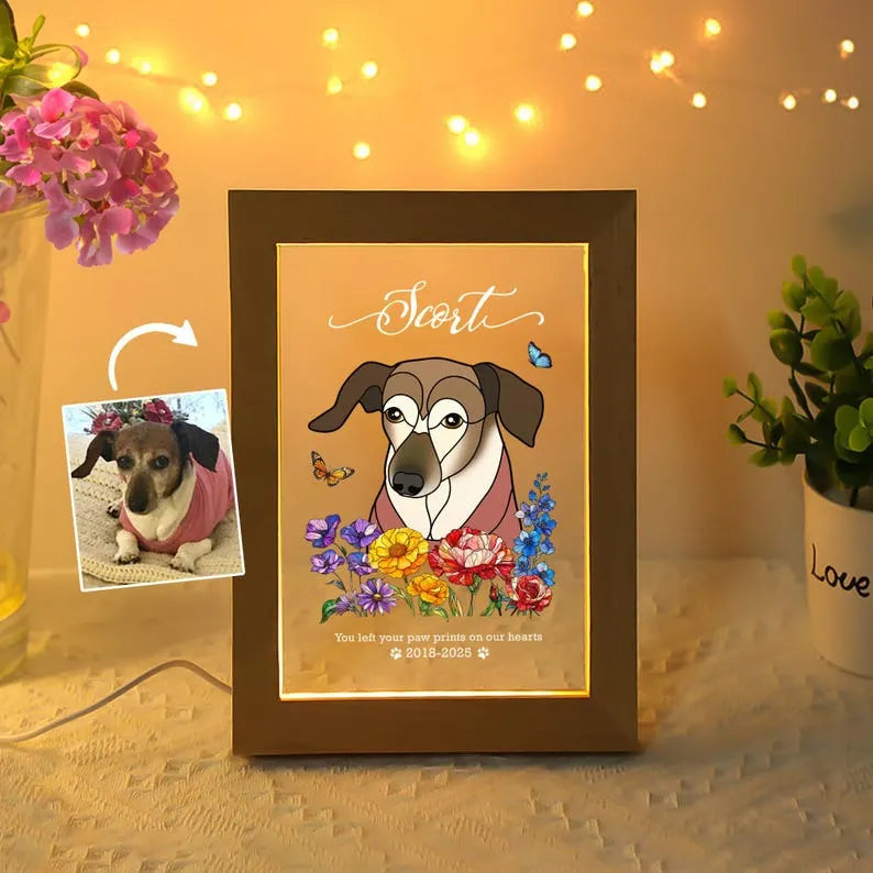 Custom Pet Memorial Night Light with Photo, Name & Floral Design