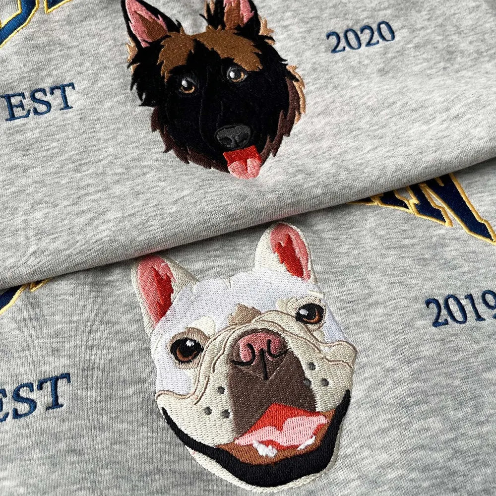 Custom Pet Portrait Embroidered Sweatshirt Hoodie, Varsity Full-color Style