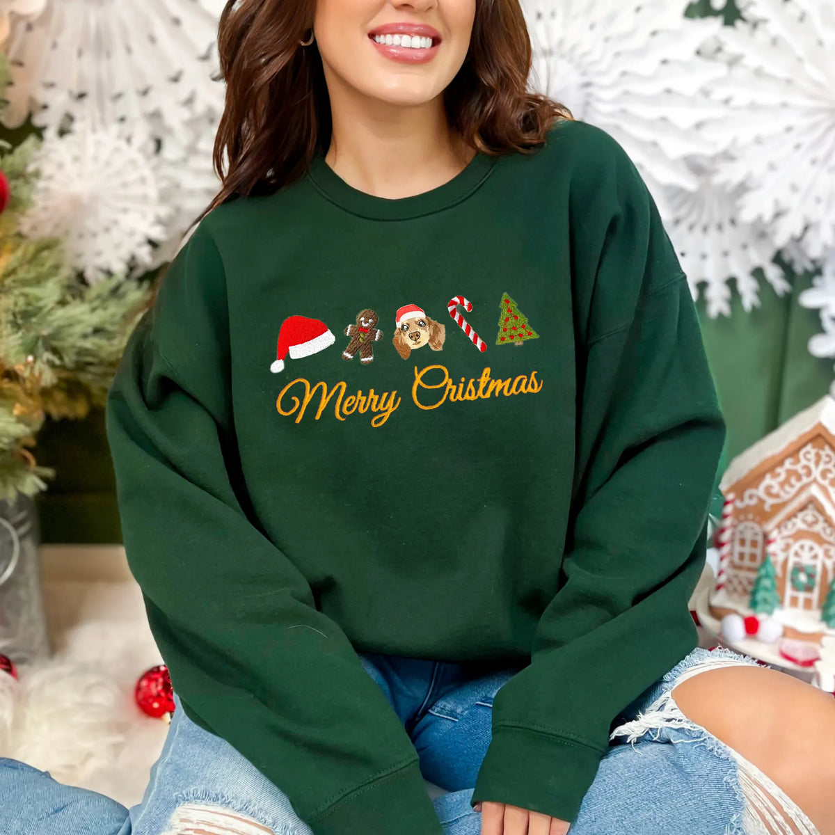 PetFiestas® Custom Pet Dog Embroidered Christmas Sweatshirt, Merry Christmas Gingerbread Snowman Crewneck- Colorful Desi
