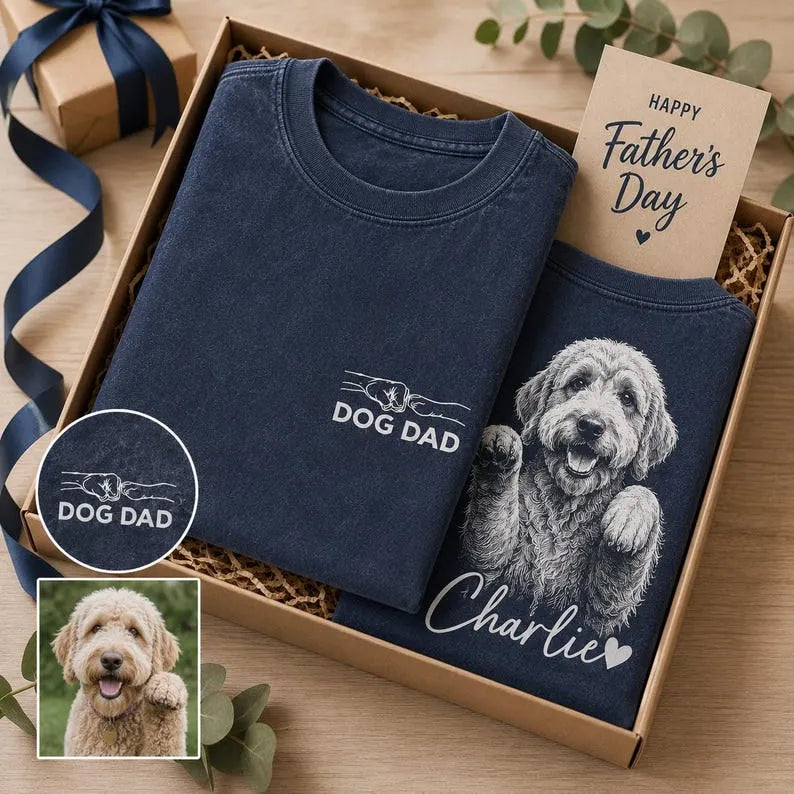 Personalized Dog Dad Vintage Wash T-Shirt, Custom Pet Portrait Shirt, Dog Dad Gift