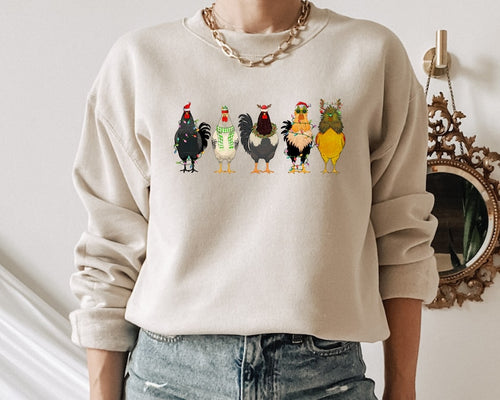 Christmas Chickens Sweatshirt, Cute Chicken Farm Animals Holiday Shirt
