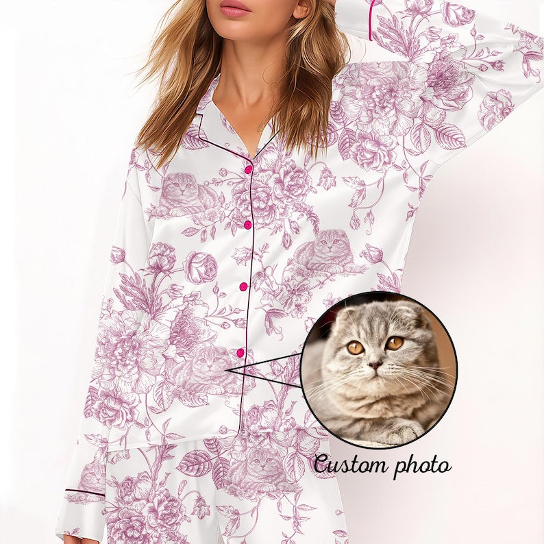 Custom Pet Portrait Chinoiserie Pajamas Set, Personalized Dog Face Pajama, Pet Lover Gift