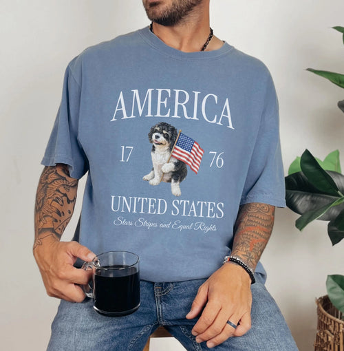 Custom Dog Photo July 4th T-Shirt, Watercolor Style Patriotic Pet Tee
