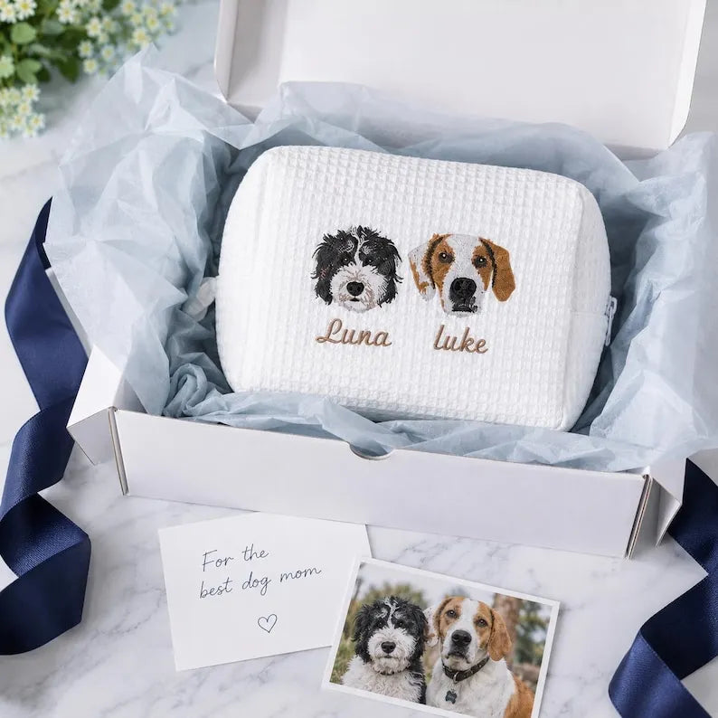 Personalized Pet Photo Embroidered Cosmetic Bag, Custom Dog Portrait Makeup Bag