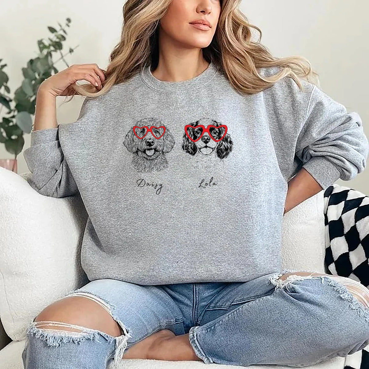 Custom Multiple Pets Valentine's Day Sweatshirt - Personalized Dog/Cat Heart Glasses Graphic Crewneck