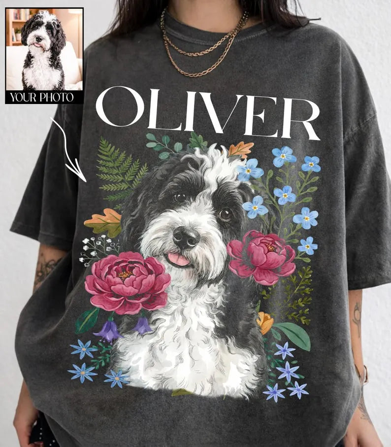 Custom Dog Portrait Floral Illustration T-Shirt, Personalized Pet Tee