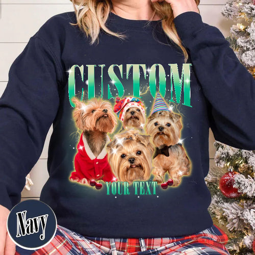 PetFiestas® Christmas Bootleg Dog Tee Sweatshirt, Custom Pet Photo Retro Xmas T Shirt Hoodie