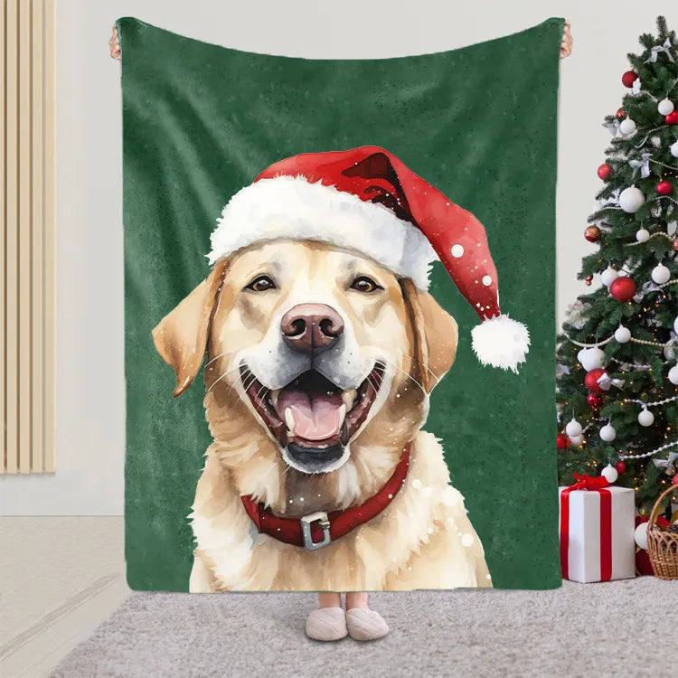 PetFiestas® Custom Christmas Pet Portrait Blanket with Santa Hat & Snowflakes – Personalized Dog Blanket Gift