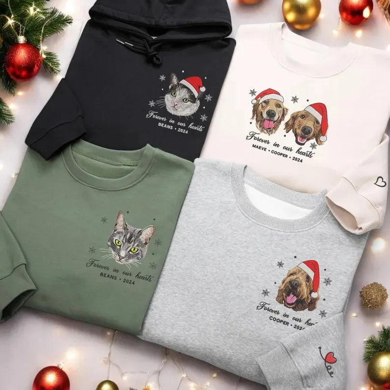 Custom Pet Embroidered Sweatshirt – Personalized Dog Portrait for Christmas or Memorial