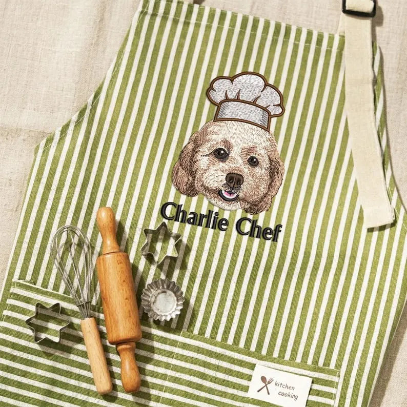 Custom Embroidered Pets Chef Face Apron, Pet Lovers Kitchen Gifts, Dog Cat Portraits Apron
