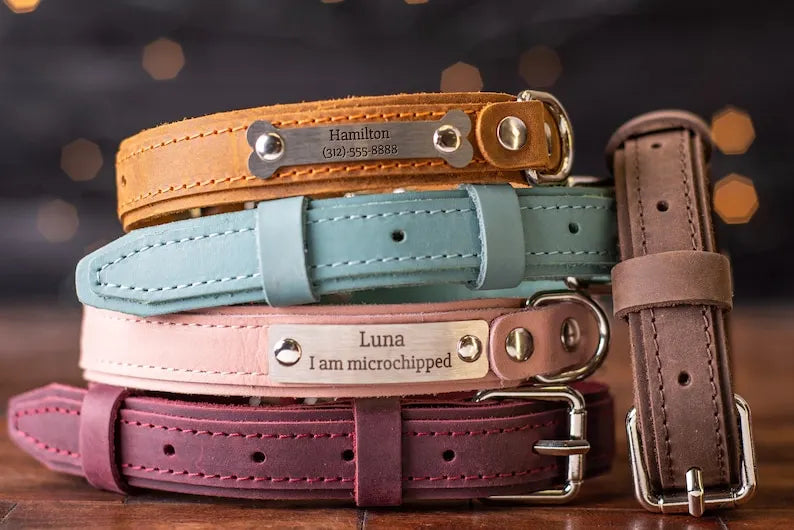 Leather Dog Collar, Personalized Engraved Leather Dog Collar