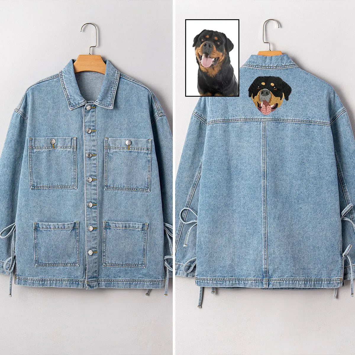 Custom Pet Portrait Embroidered Denim Jacket, Beau Blue Multi Patched Pockets Side Tie up