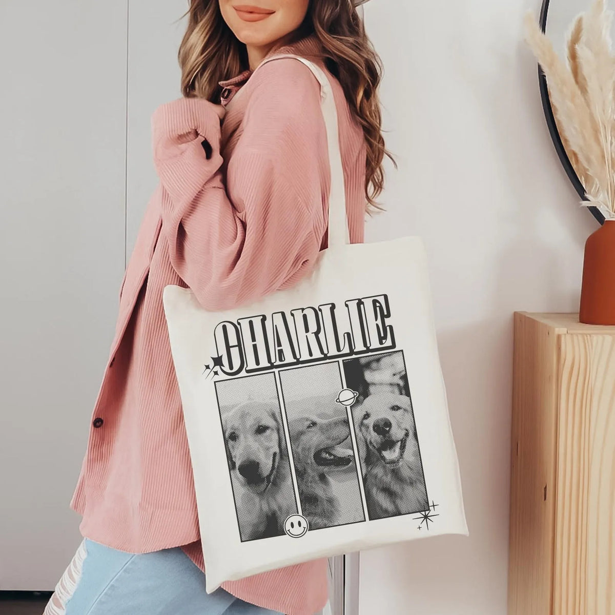 Y2K Vintage Custom Pet Portrait Tote Bag - Personalized Photo & Name Tote for Travel & Shopping